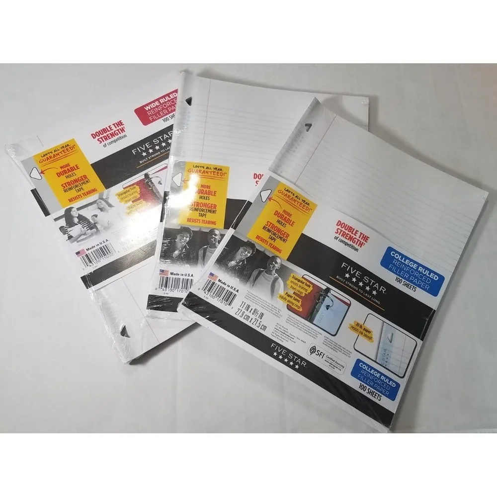 Five Star Reinforced Filler Paper 2-College 1-Wide Ruled 100 Sheets Ea Pack NEW‎